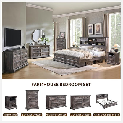 T4TREAM Farmhouse Queen Size Bed Frame with 54" Tall Storage Bookcase Headboard, Wood Platform Bed Frame with 18" Tall Roman Column Decoration Footboard & 2 Drawers(Dark Rustic Oak)