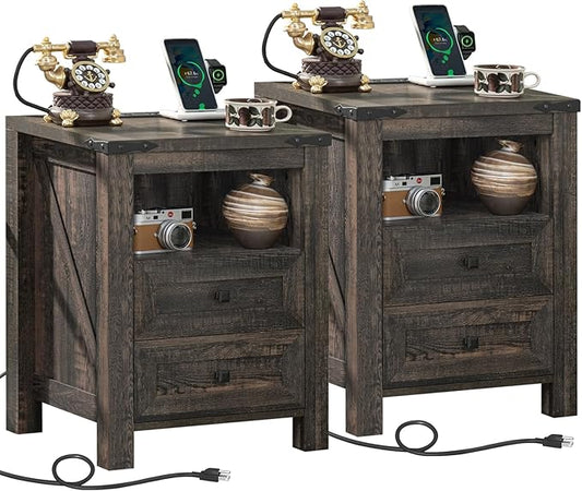 Joaxswe Nightstands Set of 2 with Charging Station, Farmhouse Night Stand with 2 Drawers and Shelf Storage, Wooden Side End Table, Bedside Cabinet for Bedroom, Living Room, Closet,Office (Dark Drey)