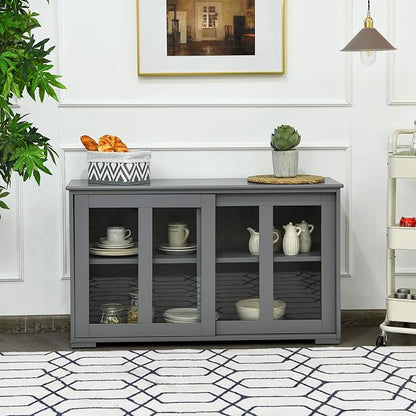 Costzon Sideboard Buffet Cabinet, Wooden Kitchen Storage Cabinet with Adjustable Shelf, Sliding Glass Doors, Accent Coffee Bar Cabinet Console Table for Living Room, Dining Room, Hallway (Grey)