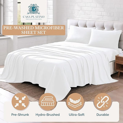 Casa Platino Bedding Sheets & Pillowcases, 100% Brushed Microfiber Pre-Washed California King Sheet Sets, Soft California King Sheet Set, 15 inch Deep Pocket White California King Sheets