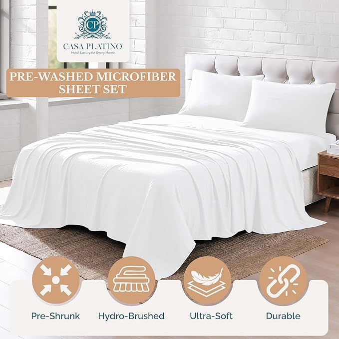 Casa Platino Full Size Sheets, 100% Brushed Microfiber Bedding, 4 Piece Set, Pre-Washed Full Bed Sheets, Ultra Soft and Cozy Sheet Set with 15 Inch Deep Pocket – White Bed Sheets – White