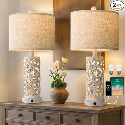OYEARS 22'' Table Lamp Set of 2 for Living Room,Farmhouse Lamp for for Bedroom,Vintage Retro Bedside Lamps with USB Ports Linen Shade for Home Office (Wash White, Bulb Included)