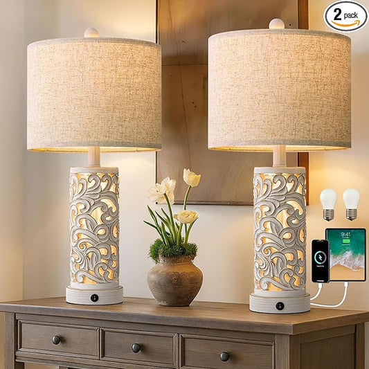 OYEARS 22'' Table Lamp Set of 2 for Living Room,Farmhouse Lamp for for Bedroom,Vintage Retro Bedside Lamps with USB Ports Linen Shade for Home Office (Wash White, Bulb Included)