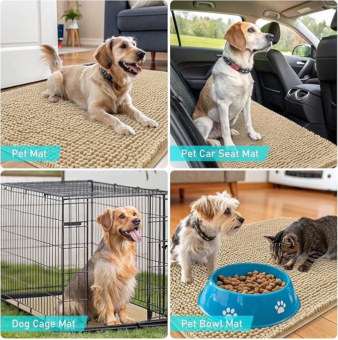 OLANLY Dog Door Mat for Muddy Paws 54x32, Absorbs Moisture and Dirt, Absorbent Non-Slip Washable Doormat, Quick Dry Chenille Mud Mat for Dogs, Entry Indoor Entryway Carpet for Inside Floor, Beige