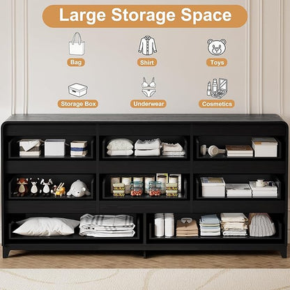 3 Pcs Bedroom Furniture Set, 8 Drawer Fluted Dresser and Nightstand Set of 2 with Charging Station, Modern Bed Side Table Chest of Drawers Storage Cabinet Set for Bedroom, Living Room, Black