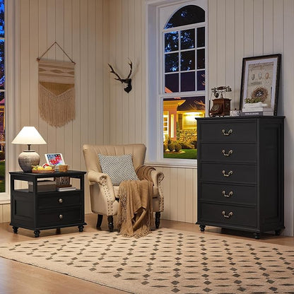 Farmhouse 5 Drawer Dresser for Bedroom, 45" Tall Rustic Chests of Drawers w/ 4 Solid Wood Feet, Mid Century Modern Wooden Closet Storage Dressers Organizer for Living Room, Hallway, Black