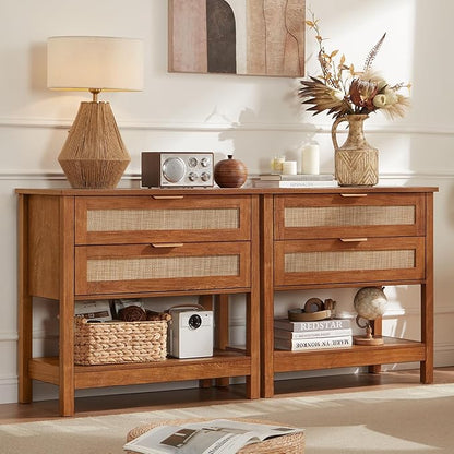 LEYAOYAO 31.5" Wide Rattan Night Stand, Large Boho Nightstand, Bedside Table with Storage, Tall Bed Side End Tables, Chest of Drawers for Bedroom, Living Room, Hallway（Brown,2 Drawers,2）
