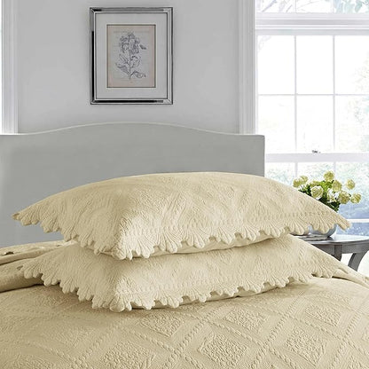 MarCielo 3-Piece 100% Cotton Oversized Bedspread Lightweight Quilt Coverlet Embroidery Farmhouse Bedding Set (Tk Beige Khaki, Oversized King (118"x106"))
