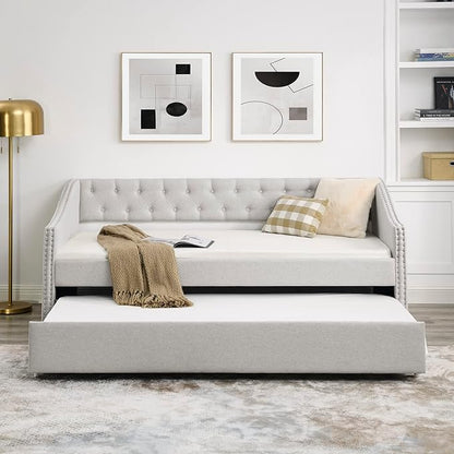 Favfurish Twin Size Daybed with Trundle,Linen Upholstered Sofa Bed W/Button on Back & Copper Nail on Waved Shape Armrests,Space Saving,No Spring Box Need,Wood Bedframe for Living Room Bedroom,Beige