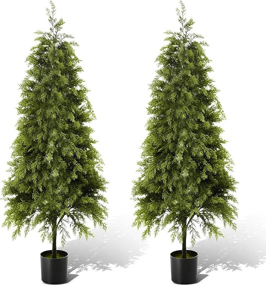 Giegxin 2 Pack 4ft Artificial Cedar Topiary Trees with Planter Outdoor Christmas Tree Decorations Faux Cypress Plants UV Resistant Potted Bushes Faux Shrubs for Outdoor Indoor Front Door Porch Garden