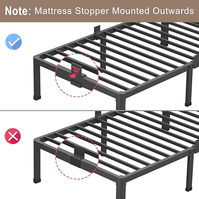 ROIL 4 inch Metal Queen Bed Frame with Rounded Corner Mattress Retainers 3500LBS Heavy Duty Steel Slats No Box Spring Needed Platform Noise-Free Easy Assemble