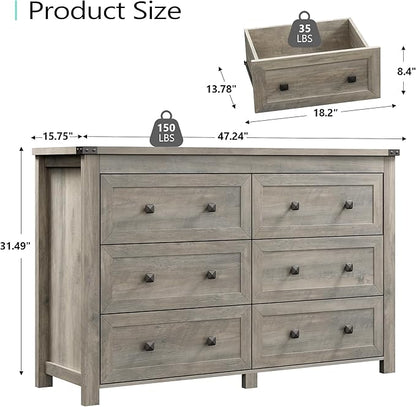 Dresser for Bedroom with 6 Drawers, Farmhouse Wood Chest of Drawers, Wide TV Stand Closet Storage Furniture with Metal Handle, Modern Clothes Organizer for Hallway, Living Room, Entryway, Light Grey
