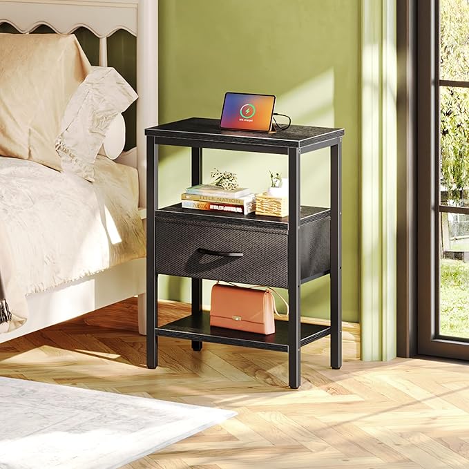 SUPERJARE Nightstand Set of 2, Bed Side Tables with Charging Station, Adjustable Fabric Drawer, Night Stand for Bedroom, 3-Tier Storage End Tables, Black