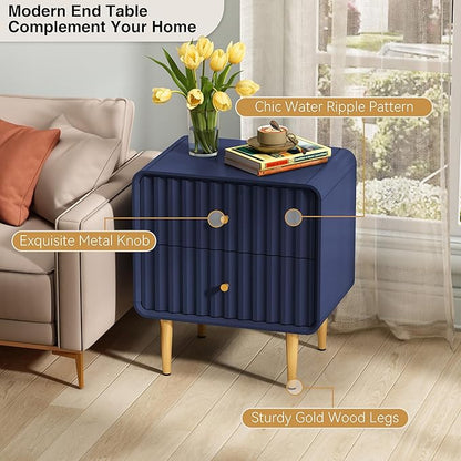 HLR Modern Nightstand, Fluted Bed Side Table with 2 Drawers Storage, Wood End Table with Gold Metal Handle, Blue Night Stands for Bedroom