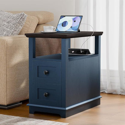 HIFYOBRO Narrow End Table with Flip Top Charging Station Set of 2, Side Table with 2 Drawers, Type-C & USB Port & Power outlets, Wooden Storage End Table for Living Room, Bedroom