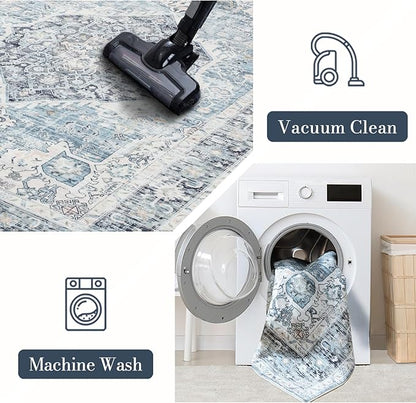 Area Rug 9×12, Large Vintage Boho Rug,Ultra-Soft Low Pile, Washable, Non Slip,Stain Resistant, Printed Carpet for Living Room Bedrooms Playroom Office Kitchen, Light Blue
