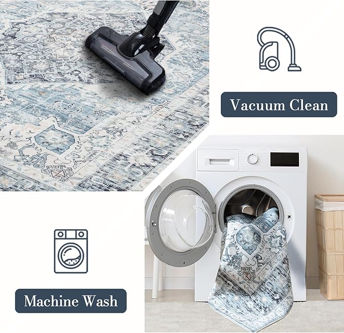 Area Rug 6×9, Large Vintage Boho Rug,Ultra-Soft Low Pile, Washable, Non Slip,Stain Resistant, Printed Carpet for Living Room Bedrooms Playroom Office Kitchen, Light Blue