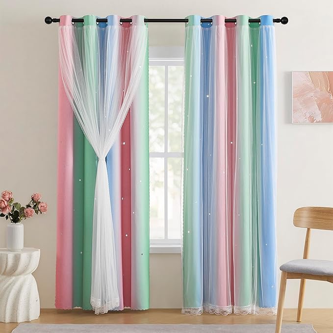 XiDi Pink & Rainbow Curtains for Kids & Girl Bedrooms - Blackout, Unicorn Wall Decals, 52x72 Inch