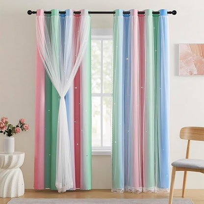 XiDi Pink Curtains for Bedroom Decor Blackout Curtains for Girl Room Rainbow Curtains for Kids Room Unicorn Wall Decals Blue Curtains Green 34X72 Inch Long 1