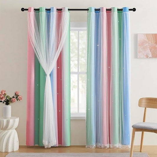 XiDi Pink & Rainbow Curtains for Kids & Girl Rooms - Blackout, Unicorn Wall Decals, Blue & Green, 34x84 Inch
