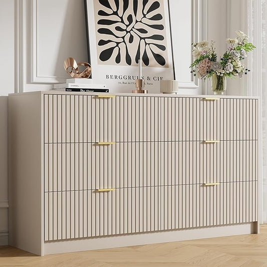 Beige Dresser for Bedroom, Modern Dresser with 6 Drawers and Smooth Slides, Wide Chest of Drawers with Golden Handles for Bedroom, Living Room, Closet, 15.7" D x 55.1" W x 31.4" H