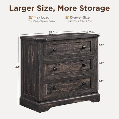 T4TREAM 32" Farmhouse Nightstand with Charging Station, Large End Table with 3 Storage Drawers, Rustic Wood Bedside Table for Bedroom, Living Room, Dark Rustic Oak