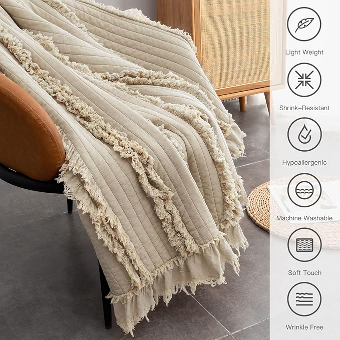Ultra Soft Pre-Washed Quilted Boho Beige King Size Blankets for Bed, Ruffle Fringed Decorative Throw, Stone Washed Chic Rustic Blanket for Sofa Couch Bed, 104"*90"