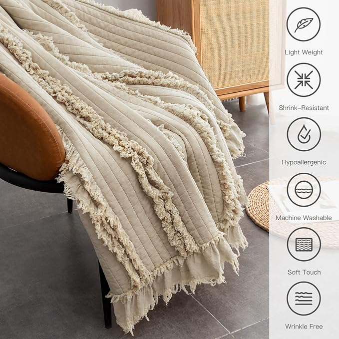 Ultra Soft Pre-Washed Quilted Boho Beige Queen Size Blankets for Bed, Ruffle Fringed Decorative Throw, Stone Washed Chic Rustic Blanket for Sofa Couch Bed, 90"*90"
