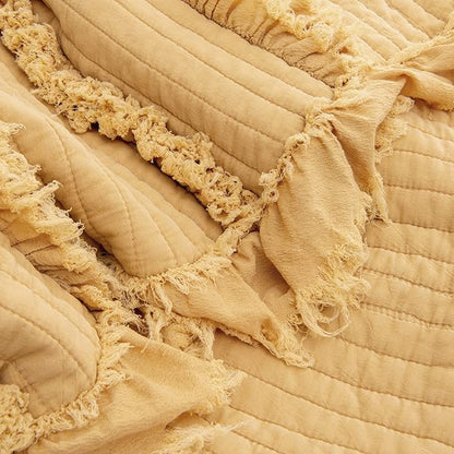Ultra Soft Pre-Washed Quilted Boho Yellow Twin Size Blankets for Bed, Ruffle Fringed Decorative Throw, Stone Washed Chic Rustic Blanket for Sofa Couch Bed, 60"*80"