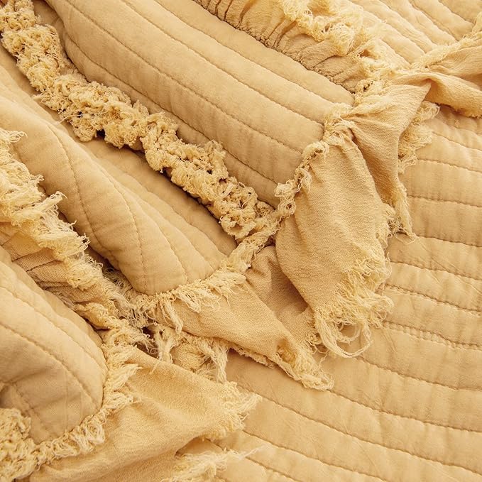 Ultra Soft Pre-Washed Quilted Boho Yellow King Size Blankets for Bed, Ruffle Fringed Decorative Throw, Stone Washed Chic Rustic Blanket for Sofa Couch Bed, 104"*90"