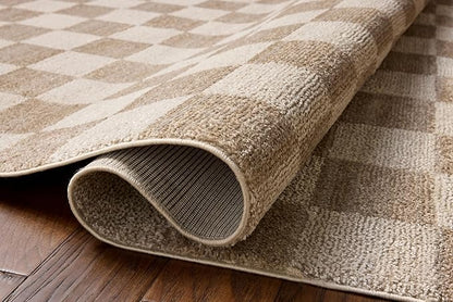 Loloi Chris Loves Julia Calvin Collection CLV-01 Pebble/Ivory 5'-3" x 7'-6" Area Rug Checkered Neutral Soft Living Room Bedroom Carpet
