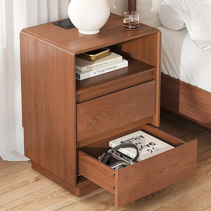 Solid Wood Nightstand, Natural Wood Night Stand with Charging Station, Mid Century Modern Nightstand with 2 Drawers and Storage Shelf, Bedside Table for Bedroom, Office, Brown