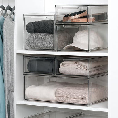 mDesign Plastic Stackable Closet Storage Organizer Bin Containers with Front Pull Drawer for Cabinet, Desk, Shelf, Cupboard, or Dresser Organization - Lumiere Collection - Set of 3 - Clear