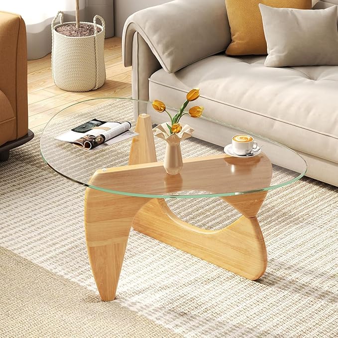 Modern Glass Coffee Table, Mid Century Small Coffee Table, Coffee Table for Living Room,Suitable for Bedroom Living Room Reception Office Tables (Wood/Transparent, Small)