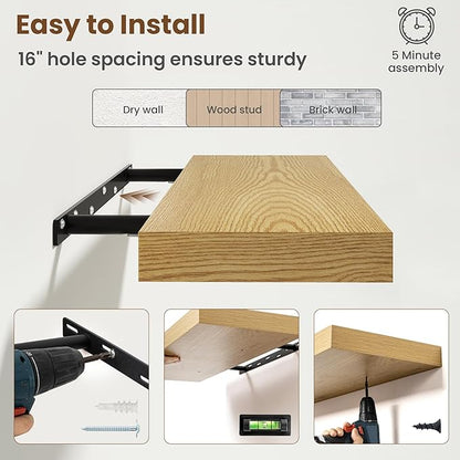72 Inch Floating Shelves for Wall, 8 Inch Deep Floating Shelf for Storage & Display, Rustic Wall Mounted Shelf with Invisible Brackets for Living Room, Kitchen, Bathroom, Home Decor, Set of 2, Oak