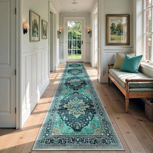 Area Rugs 2'6''x12' Washable Non-Slip, Floral Vintage Distress Print Pattern Medallion Carpet for Living Room Bedroom Dining Room, Teal Green Lake Blue Turquoise