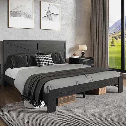 King Size Bed Frame with Farmhouse Headboard, Rustic Boho Wooden Bedframe with LED Lights and Charging Station, Easy Assembly, No Box Spring Needed (Black, King)