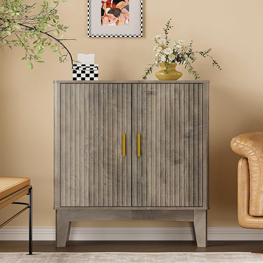 Storage Cabinet with Doors and Adjustable Shelf, Modern Fluted Sideboard Buffet Cabinet, Freestanding Coffee Bar for Kitchen, Pantry, Entryway, Living Room (Weathered Gray)