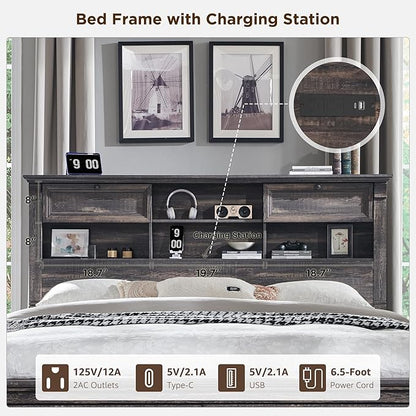 Farmhouse Queen Size Bed Frame with 54" Tall Headboard, Headboard with 4 Storage Rack, 2 Drawers, 18" Roman Column Decoration Footboard, Wood Platform Bed Frame, No Box Spring Needed(Dark Rustic Oak)