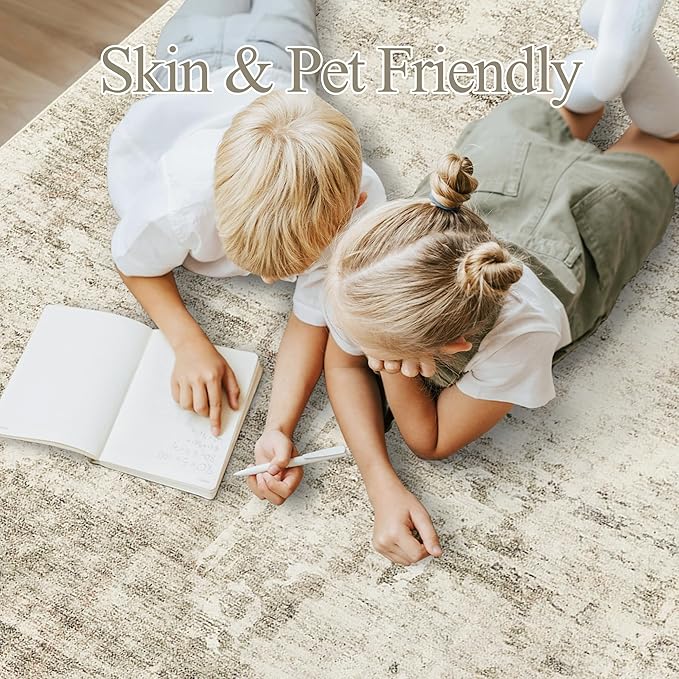 Abstract Rug 5x7 Machine Washable Area Indoor Beige Gray White Low Pile Non-Slip Foldable Thin Accent Rugs for Bedroom Living Room Dining Room Grey