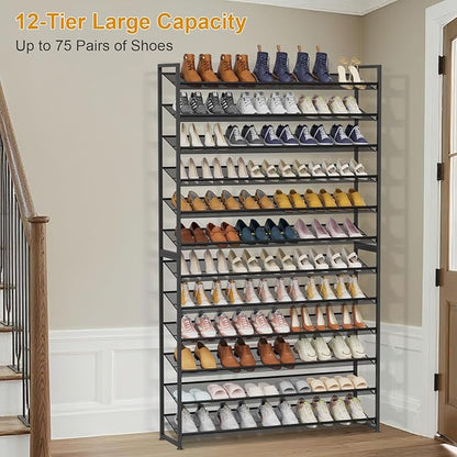 Large Shoe Rack 12 Tier Shoe Organizer, Heavy Duty Metal 6-Tier Stackable Shoe Storage Vertical Shoe Rack for Closet Front Door Entrance, Up to 75 Pairs, 44.8" W x 11.4" D x 85.1" H, Black
