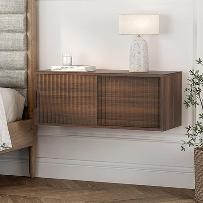 Floating Nightstand with Sliding Doors, Modern Fluted Large Night Stand Storage Shelf Wall Mounted Bedside Tables for Bedroom, Brown
