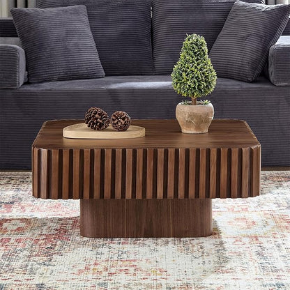 LKTART Square Coffee Table for Living Room, Accent Fluted Coffee Table with Storage, Modern Solid Wood Veneered Large Center Tea Table for Small Space Apartment (31.5''D×14''H-Walnut)