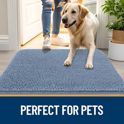 OLANLY Dog Door Mat for Muddy Paws 70x35, Absorbs Moisture and Dirt, Absorbent Non-Slip Washable Doormat, Quick Dry Chenille Mud Mat for Dogs, Entry Indoor Entryway Carpet for Inside Floor, Airy Blue
