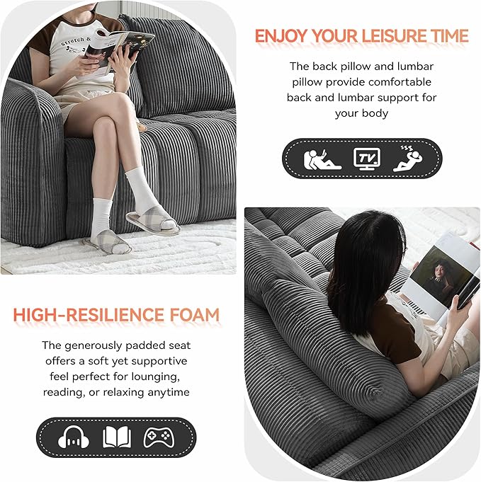 66'' Boneless Corduroy Loveseat Sofa, 2 Seater Tufted Deep Seat Couch with Rounded Armrest, Upholstered Cloud Couch for Living Room, Bedroom, No Assembly, Grey