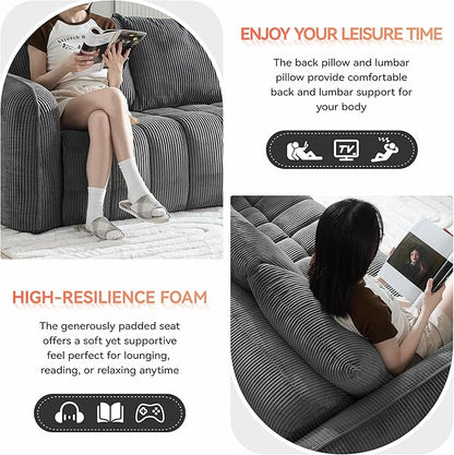 66'' Boneless Corduroy Loveseat Sofa, 2 Seater Tufted Deep Seat Couch with Rounded Armrest, Upholstered Cloud Couch for Living Room, Bedroom, No Assembly, Grey