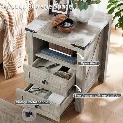 Joaxswe Nightstands Set of 2 with Charging Station, Farmhouse Night Stand with 2 Drawers and Shelf Storage, Wooden Side End Table, Bedside Cabinet for Bedroom, Living Room, Closet,Office (Grey)