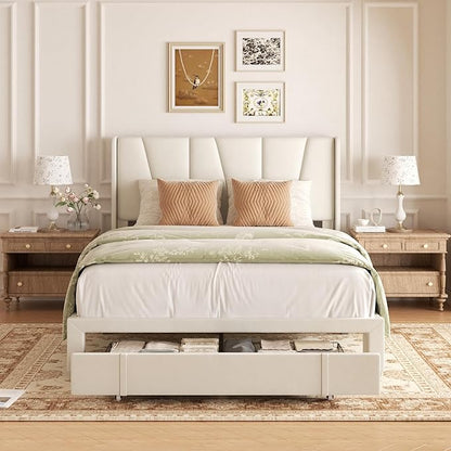 Full Bed Frame with Storage Drawers, Upholstered Full Size Platform Bed with 47" Tall Headboard and Wingboard, No Box Spring Needed, Noise Free, Easy Assembly, Wooden Support Slats, Beige