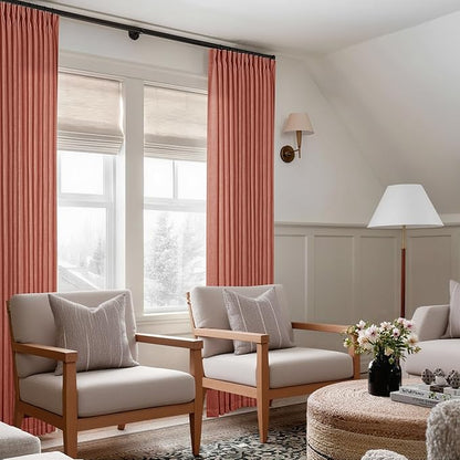 Red Clay Linen Pinch Pleated Curtains 108 Inches Long 2 Panels for Living Room Bedroom Light Filtering Drapes 108 Inch Length Terracotta Autumn Fall Semi Sheer Memory Trained Ceiling Floor Curtain