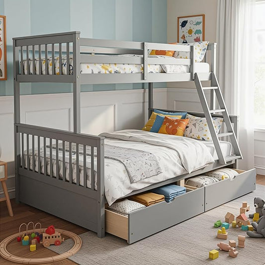 Merax Wood Bunk Bed with Drawers,Convertible Wood Bunk Bed with Ladders and Two Storage Drawers,Solid Wood Detachable Bed Frame with Ladders,Twin Over Full Size,Grey
